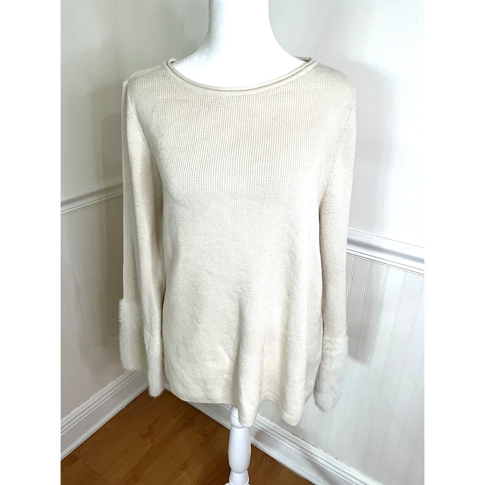 J Jill Cream Long Sleeve Faux Fur Cuffs Cozy Knit Sweater Women Size XL